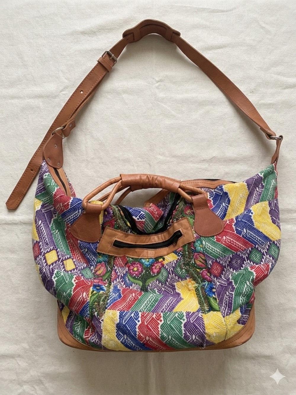 Vintage Guatemalan Huipil & Leather Weekender Bag | Hand-Woven Boho Travel Tote